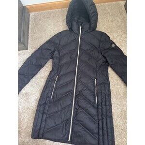 Michael Kors Women’s Small Black Down Puffer Jacket Hooded Long Coat Full Zip